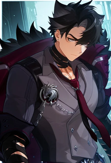 score_9, score_8_up, score_7_up, score_6_up, 8k, highest quality, high detail, masterpiece, best quality, source_anime, anime, (1boy, bara, Wriothesley, grey eyes, black hair, hair between eyes, short hair, multicolored hair, streaked hair, scar, scar on neck, jewelry, earring, choker, necktie, red necktie, shirt, collared shirt, grey shirt, vest, double-breasted, buttons, sleeves rolled up, bandages, black bandages, bandaged arm, jacket, lapels) looking at viewer, depth of field, detailed background, dynamic pose, dynamic angles