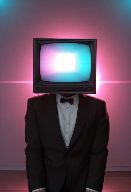 an interesting composition of (dzktxez) , a realistic scene of a cartoon being shown on the TV and in this scene there is a person that has a ((television)) for their head, looking at viewer, (tv for his head),1boy, male focus, they are wearing a formal black suit, ultra HD, realistic 8K raw photography, prismatic sci fi inspired DSLR photography, HDR, UHD, 64K, vivid details, vibrant colors, natural lighting, volumetric lighting, bokeh, extremely detailed, cyberpunk theme, retro futurism, 128k, ((tv head)), world morph, anthro tv, zPDXL
