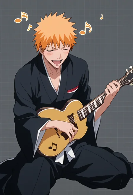 score_9, score_8_up, score_7_up, source_anime, masterpiece, 1boy, ichigo kurosaki, japanese clothes, , <lora:ichigo_kurosaki_ponyxl:1>, , laughing, closed eyes,  happy,  blush,, dark gray background, simple background, grid background,, solo, playing instrument,  sitting , one outstretched leg, musical note,