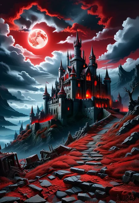 (best quality, highres:1.1) OverallDetail, PEAnimeBG, masterpiece, best quality, high quality, highres,  high detailed, masterpiece, high detailed, masterpiece, hyper maximalist, Legendary Landscape, abandoned, weathered, detailed. 
night-scape, Castle Dracula, gothic
blood red moon, 
highlight the treacherous cliffside road. 
Emphasize the evil atmosphere, 
(tranquil:1.2) ambiance, and (timeless:1.1) charm,