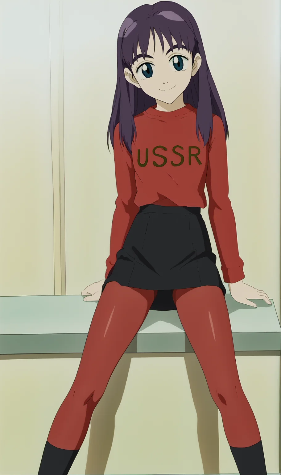 EN, 1girl, solo, retro artstyle, purple hair, blue eyes, long hair, red long sleeve shirt, black skirt, red tights, black socks, looking at viewer, smile,  <lora:Eri Ninamori Pony XL:1>