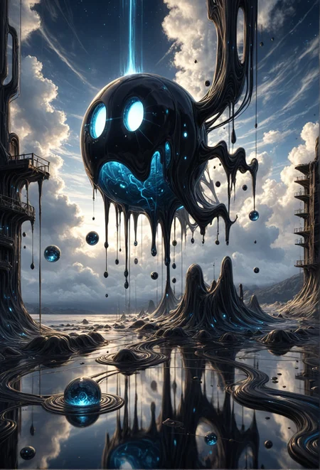 masterpiece, best quality, amazing quality
,outdoors, sky, cloud, water, blue_sky, no_humans, glowing, cloudy_sky, building, 1other, scenery, floating, reflection, mountain, fantasy, planet, orb, reflective_water,A surreal, sci-fi digital illustration shoot from a low-angle perspective about a surreal landscape with a floating object resembling a floating creature, dripping with liquid, against a backdrop of a sunset sky filled with clouds and a distant city. the image also shows a reflective surface with ripples and floating objects. on the middle of the image, a stylized, black, slime-like creature appears to be floating, with two large, glowing blue eyes and a smooth, glossy texture. it is suspended in mid-air by thin, black tubes. the creature is surrounded by a calm, reflective water surface, with reflections of the sky and clouds visible on the surface. the sky is filled with orange and yellow hues, with a few clouds scattered throughout, creating a dramatic and otherworldly atmosphere. the background features a starry sky with a contrail running across it, adding to the sense of depth and dimensionality in the image.
1girl, solo, looking at viewer, blue eyes, water, sky, cloud, reflection, floating, moon, cloudy sky, floating object