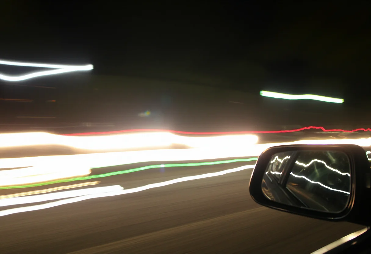 Abstract light trails, captured through a car's side mirror, suggest night time driving. Bright streaks of white, red, and green light create a dynamic, fluid composition, with longer streaks extending toward the mirror's corner. The contrast between the dark background and vivid light lines adds depth. Reflective car mirror frame, black, angular. Out of focus, in motion, amateurish quality, smeared details