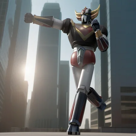 Goldorak1024, a giant robot, standing in a city, clenched fist, sunset, highly detailed, photography, ultra sharp, film, bokeh, professional, 64k <lora:Goldorak1024:0.8>