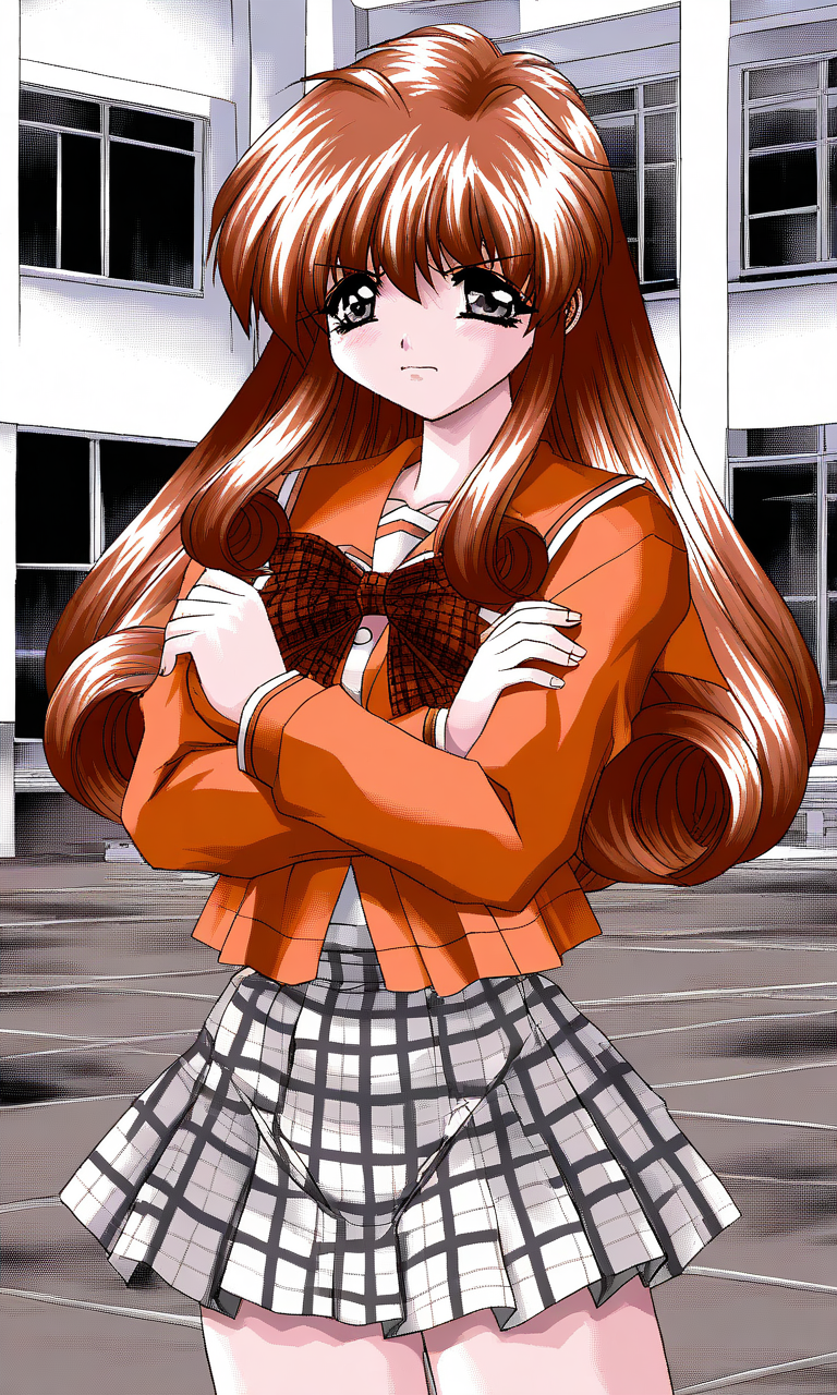 general,highres, ultra-detailed,very aesthetic,best quality ,best hands, BREAK <lora:Ichijo_Serika_Ver2.0_Akumu_AoiKajitsunoSange_IS:1>
Ichijo_Serika, 1girl, solo, long hair, brown hair, gray eyes, medium breasts, sidelocks, 
orange school uniform, ribbon, white+gray skirt, outdoors, crossed arms, anger,
plaid skirt, plaid bow, long sleeves, serafuku, 
School, class room, curtain.