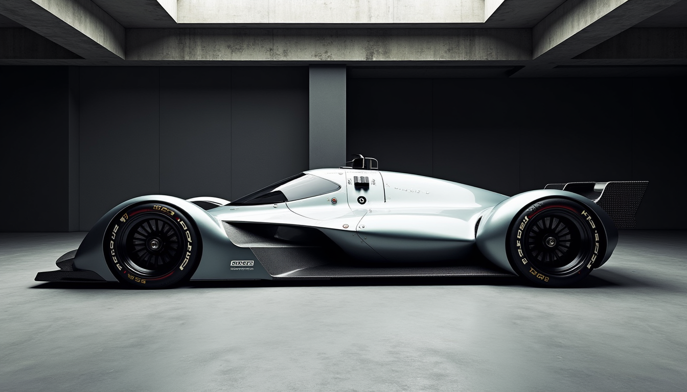 A picture of a futuristic race car prototype similar to a Williams FW14B yfg-sde in a concrete studio with dark walls. Perpendicular shot from the side.