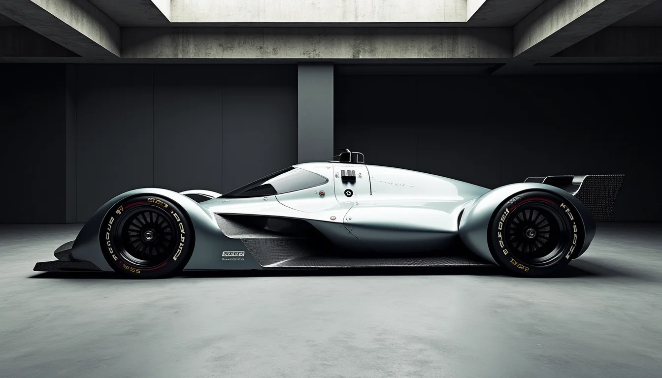 A picture of a futuristic race car prototype similar to a Williams FW14B yfg-sde in a concrete studio with dark walls. Perpendicular shot from the side.
