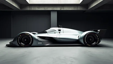 A picture of a futuristic race car prototype similar to a Williams FW14B yfg-sde in a concrete studio with dark walls. Perpendicular shot from the side.