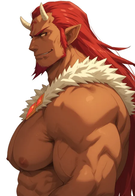 score_9_up, score_8_up, score_7_up, solo, 1boy, pkc_ginyol, red hair, red goatee, horns, pointy ears, side view, portrait, muscular, big pecs, looking to viewer, bara, smirk,
