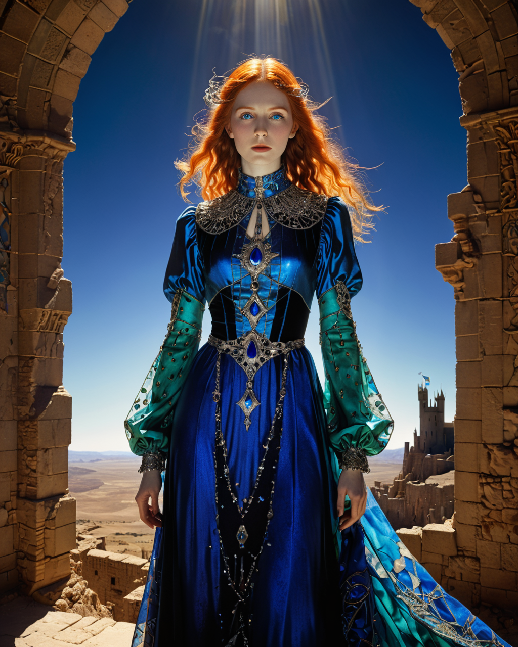 young beautiful goddess, (Harry Clarke:1.5), (light shining through clothing:1.8), desert, castle, volumetric lighting, blue sky, <lora:add-detail-xl:0.75> <lora:xl_more_art-full_v1:0.5>