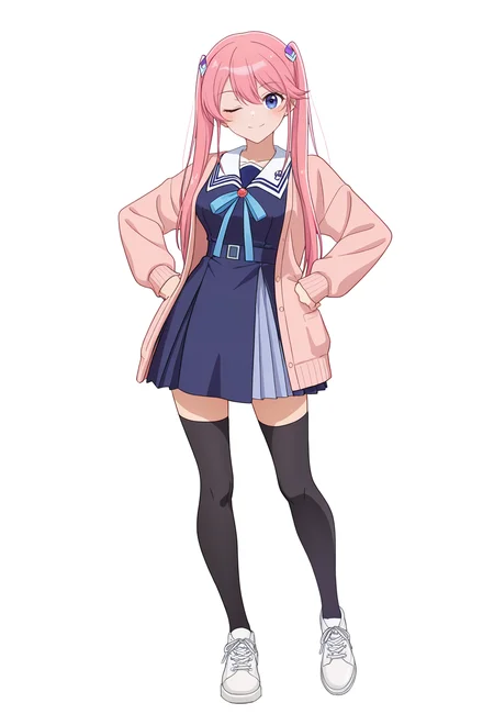<lora:OUKA SHIUNJI_illustrious-000046:1>,
OUKA SHIUNJI,pink hair,blue hair,
solo,thighhighs,twintails,one eye closed,full body,black thighhighs,smile,white footwear,looking at viewer,dress,shoes,hands on own hips,blue dress,zettai ryouiki,school uniform,long sleeves,closed mouth,open clothes,blush,sneakers,jacket,cardigan,hair ornament,ribbon,standing,skirt,sailor collar,white_background