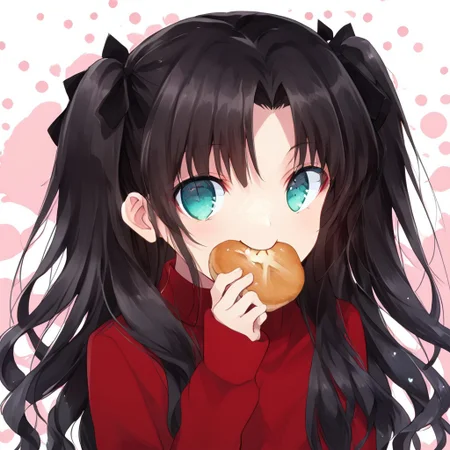 score_9, score_8_up, score_8, score_7_up, 
1girl, solo, ChopioTohsakaRin, black hair, long hair, two side up, parted bangs, hair ribbon, aqua eyes, looking at viewer, outfit_2, red sweater, turtleneck, cross, long sleeves, black skirt, pleated skirt, black thighhighs, polka dots background, smile, eating, bread, loaf, eating, close shot, cute girl, looking at viewer,
cute, kawaii, hearts,