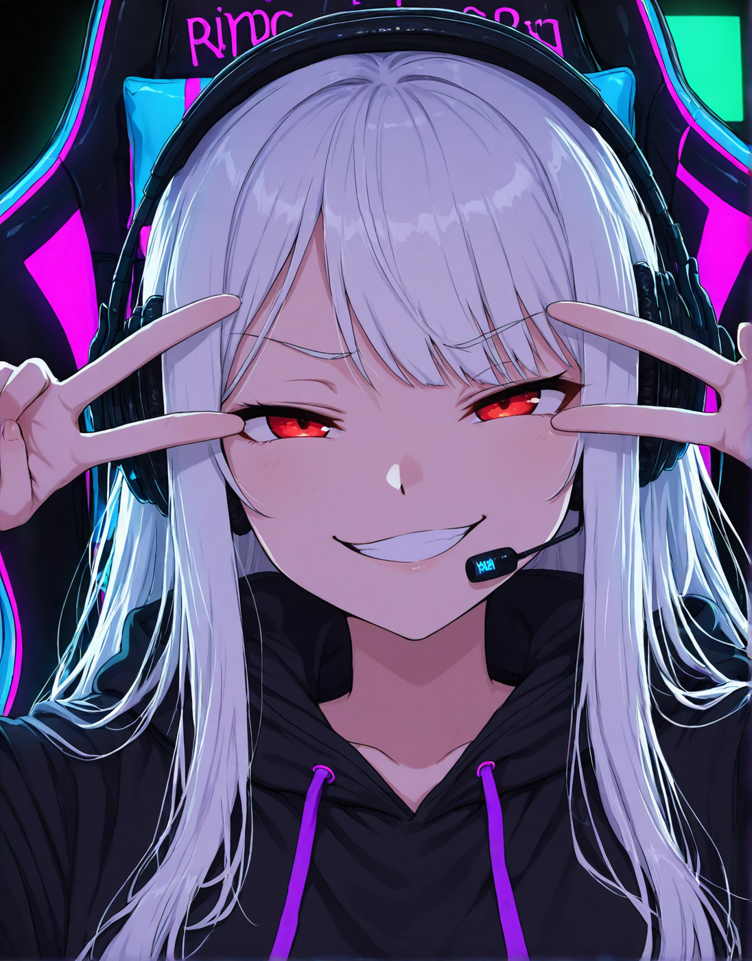 1girl, white hair,solo, close-up portrait, upper body, sitting in gaming chair, headphones with mic, looking at viewer, long flowing hair, black hoodie, RGB lighting in background, modern gaming room, high-end PC setup, soft shadows,high detail, best quality,gamerface_smug, face emotion smug,smile, double v,grin,  <lora:ya_gamers_emotions:1>