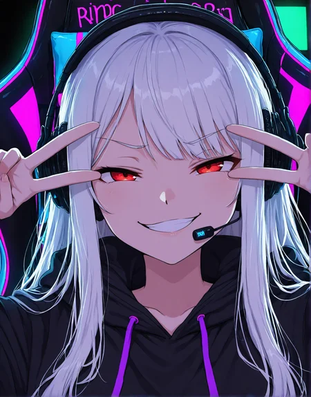 1girl, white hair,solo, close-up portrait, upper body, sitting in gaming chair, headphones with mic, looking at viewer, long flowing hair, black hoodie, RGB lighting in background, modern gaming room, high-end PC setup, soft shadows,high detail, best quality,gamerface_smug, face emotion smug,smile, double v,grin, <lora:ya_gamers_emotions:1>