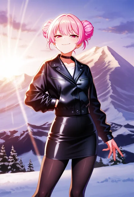 masterpiece, best quality, 1girl, solo, pink hair, hair bun, smile, black choker, leather jacket, skirt, black pantyhose, alps, mountain view, snowy peaks, smirk, smug, sunbeam, light rays, glint, clouds, <lora:ChamIllustriousBackgroundEnhancer:1>