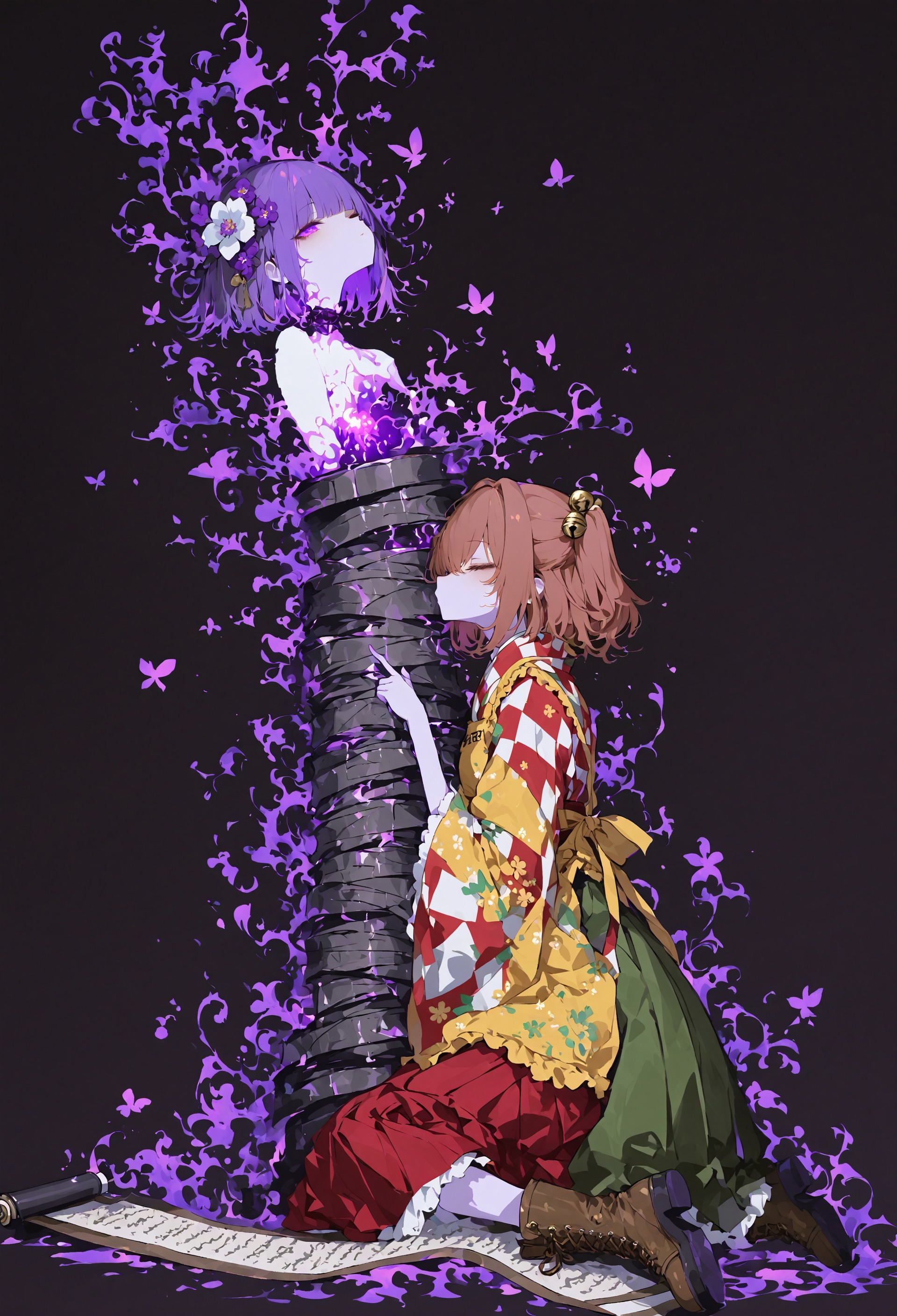 masterpiece, best quality, amazing quality, very aesthetic, absurdres, newest, highres, 4k,8k,Ultra HD, extremely detailed,
wide shot, long shot,
simple dark background, bottom-top composition,
raytracing, volumetric lighting,
(an image of one girl on top and one girl on bottom),
(an image of an extremely long scroll),
2girl, multiple girls, multiple different girls, 2 different girls,
,,
BREAK
female on bottom (motoori kosuzu, brown eyes, brown hair, twintails, short hair, bell, checkered kimono, wide sleeves, yellow apron, green skirt, brown boots, 
sitting on ground, holding an extremely long scroll, correct fingers, looking at the scroll, kissing the scroll
),,
BREAK
female on top (hieda no akyuu, purple eyes, purple hair, short hair, hair flower, japanese clothes, green kimono, yellow sleeves, wide sleeves, red skirt, red hakama, floral print, closed eyes, floating in air, wrapped up, be entangled, restrained, (scrolls wrapped up her body:1.5)),,
sometyome_illu, abstract, r17329_illu, xxx667_illu, glowing