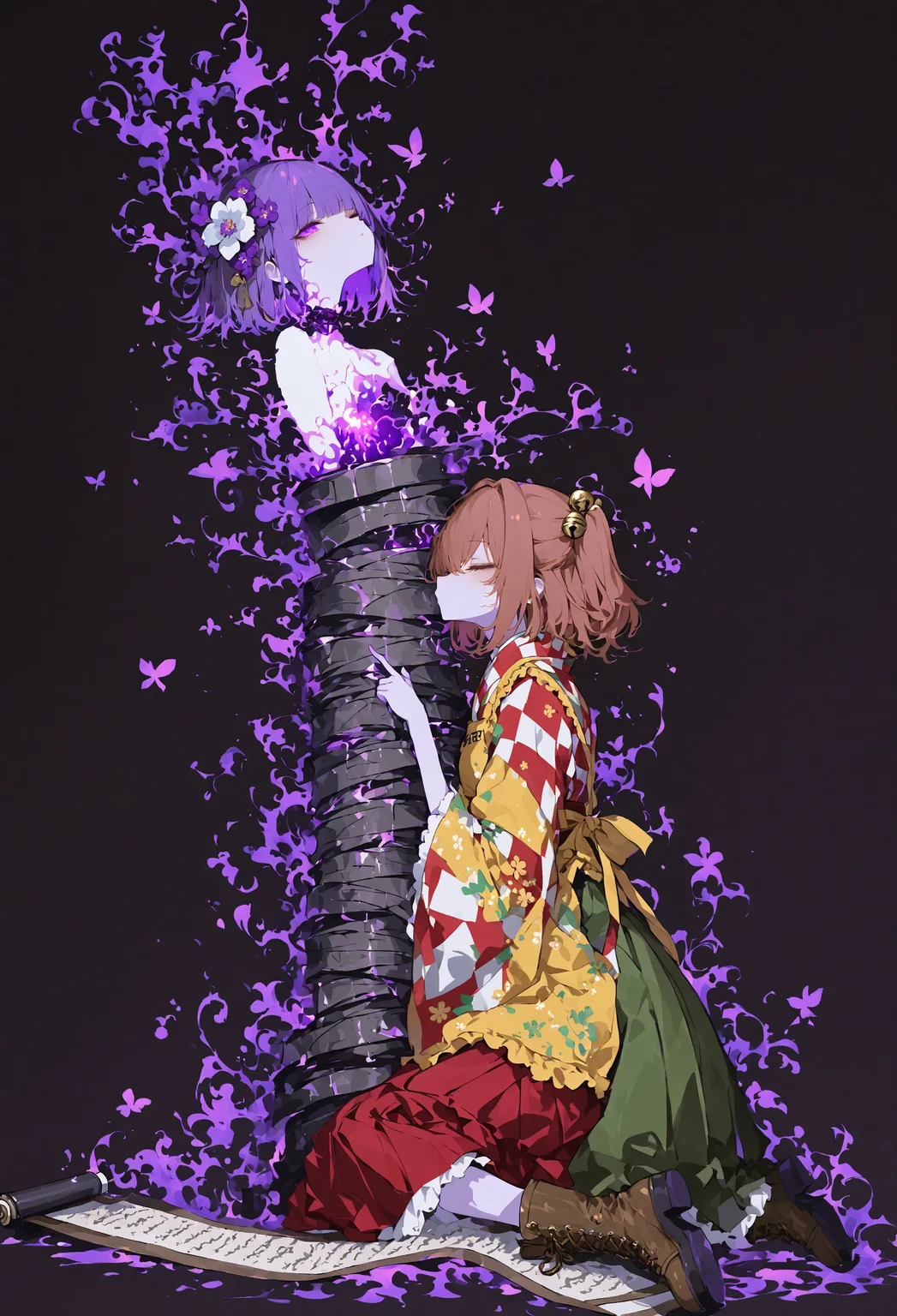 masterpiece, best quality, amazing quality, very aesthetic, absurdres, newest, highres, 4k,8k,Ultra HD, extremely detailed,
wide shot, long shot,
simple dark background, bottom-top composition,
raytracing, volumetric lighting,
(an image of one girl on top and one girl on bottom),
(an image of an extremely long scroll),
2girl, multiple girls, multiple different girls, 2 different girls,
,,
BREAK
female on bottom (motoori kosuzu, brown eyes, brown hair, twintails, short hair, bell, checkered kimono, wide sleeves, yellow apron, green skirt, brown boots,
sitting on ground, holding an extremely long scroll, correct fingers, looking at the scroll, kissing the scroll
),,
BREAK
female on top (hieda no akyuu, purple eyes, purple hair, short hair, hair flower, japanese clothes, green kimono, yellow sleeves, wide sleeves, red skirt, red hakama, floral print, closed eyes, floating in air, wrapped up, be entangled, restrained, (scrolls wrapped up her body:1.5)),,
sometyome_illu, abstract, r17329_illu, xxx667_illu, glowing