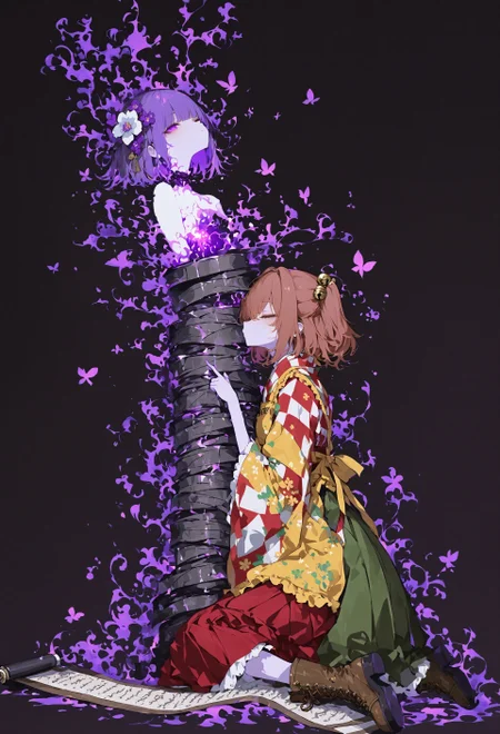 masterpiece, best quality, amazing quality, very aesthetic, absurdres, newest, highres, 4k,8k,Ultra HD, extremely detailed,
wide shot, long shot,
simple dark background, bottom-top composition,
raytracing, volumetric lighting,
(an image of one girl on top and one girl on bottom),
(an image of an extremely long scroll),
2girl, multiple girls, multiple different girls, 2 different girls,
,,
BREAK
female on bottom (motoori kosuzu, brown eyes, brown hair, twintails, short hair, bell, checkered kimono, wide sleeves, yellow apron, green skirt, brown boots, 
sitting on ground, holding an extremely long scroll, correct fingers, looking at the scroll, kissing the scroll
),,
BREAK
female on top (hieda no akyuu, purple eyes, purple hair, short hair, hair flower, japanese clothes, green kimono, yellow sleeves, wide sleeves, red skirt, red hakama, floral print, closed eyes, floating in air, wrapped up, be entangled, restrained, (scrolls wrapped up her body:1.5)),,
sometyome_illu, abstract, r17329_illu, xxx667_illu, glowing