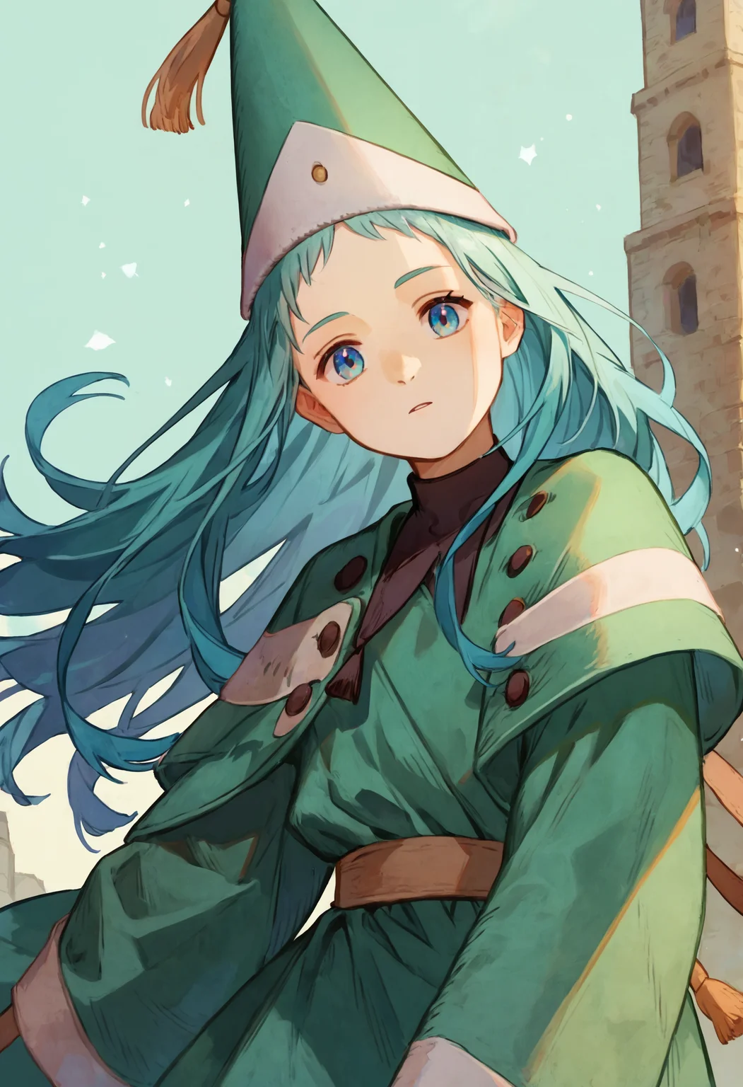 score_9, score_8_up, score_7_up, 1girl richeh aqua hair long hair, hat, green robe
<lora:witch_hat_atelier_2:1>