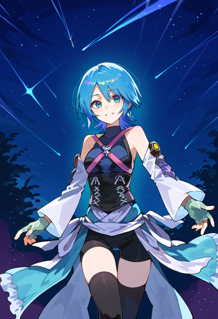 score_9, score_7_up, source_anime, BREAK smile, twisted torso, night sky, shooting star, <lora:Aqua_Kingdom_Hearts:0.9> aqua (kingdom hearts), blue eyes, blue hair, short hair, bare shoulders, halterneck, criss-cross straps, detached sleeves, fingerless gloves, gloves, overskirt, bike shorts under skirt, black thighhighs,