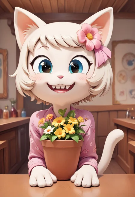 score_9, score_8_up, webby vanderquack is a silly cute cat made of flowers, teeth, teefs44, style of Rosina Wachtmeister