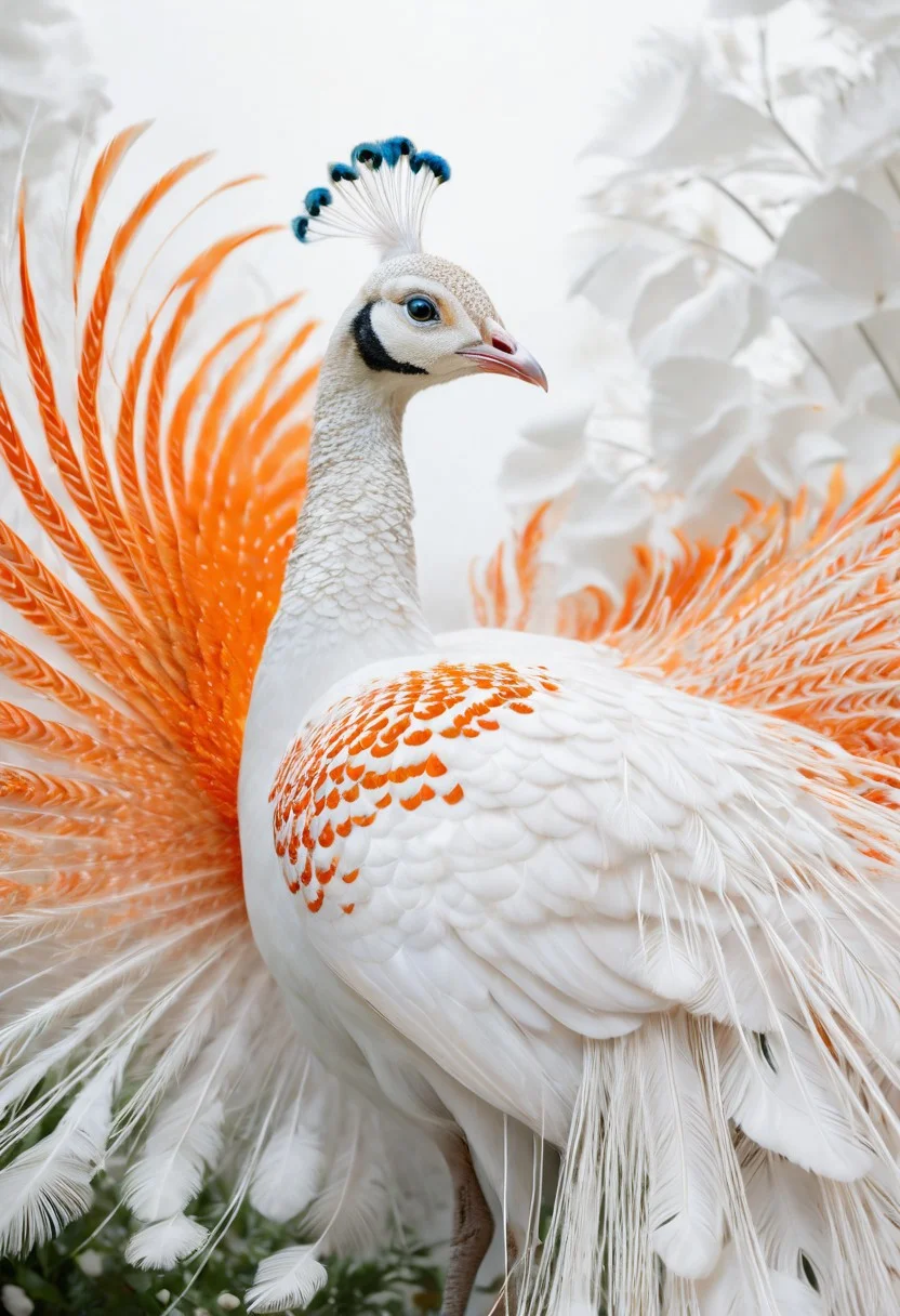 A captivating magazine cover showcasing a white peacock with vibrant orange plumage, strutting gracefully in a completely white garden. The glowing feathers create a striking and enchanting visual against the pure white backdrop. Exotic and surrealistic animal photo, captured with a Canon EOS R5, RF 50mm f/1.2L USM lens.