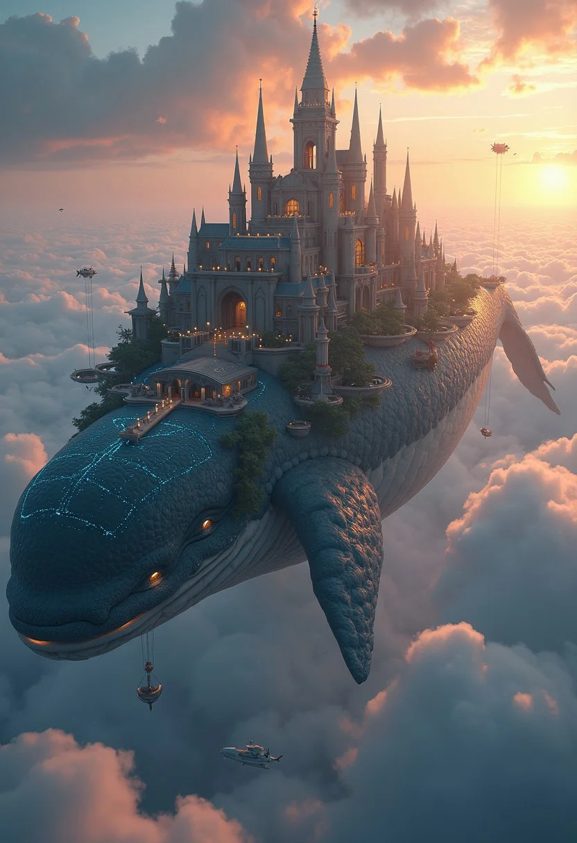 High above the clouds, a sprawling city sits on the back of a massive, floating whale. The whale’s skin glows faintly, rippling with the bioluminescence of a thousand tiny creatures living on its surface. The city itself is a marvel of engineering, with tall spires, bridges, and intricate towers that extend across the whale’s vast back. Airships and flying creatures dart between the buildings, and the people below live in harmony with the whale, tending to gardens that float in the sky and collecting water from the misty clouds. The whale glides gracefully through the air, its slow, rhythmic movements casting a peaceful calm over the city, while above, the sun sets, painting the clouds with hues of pink, gold, and purple.