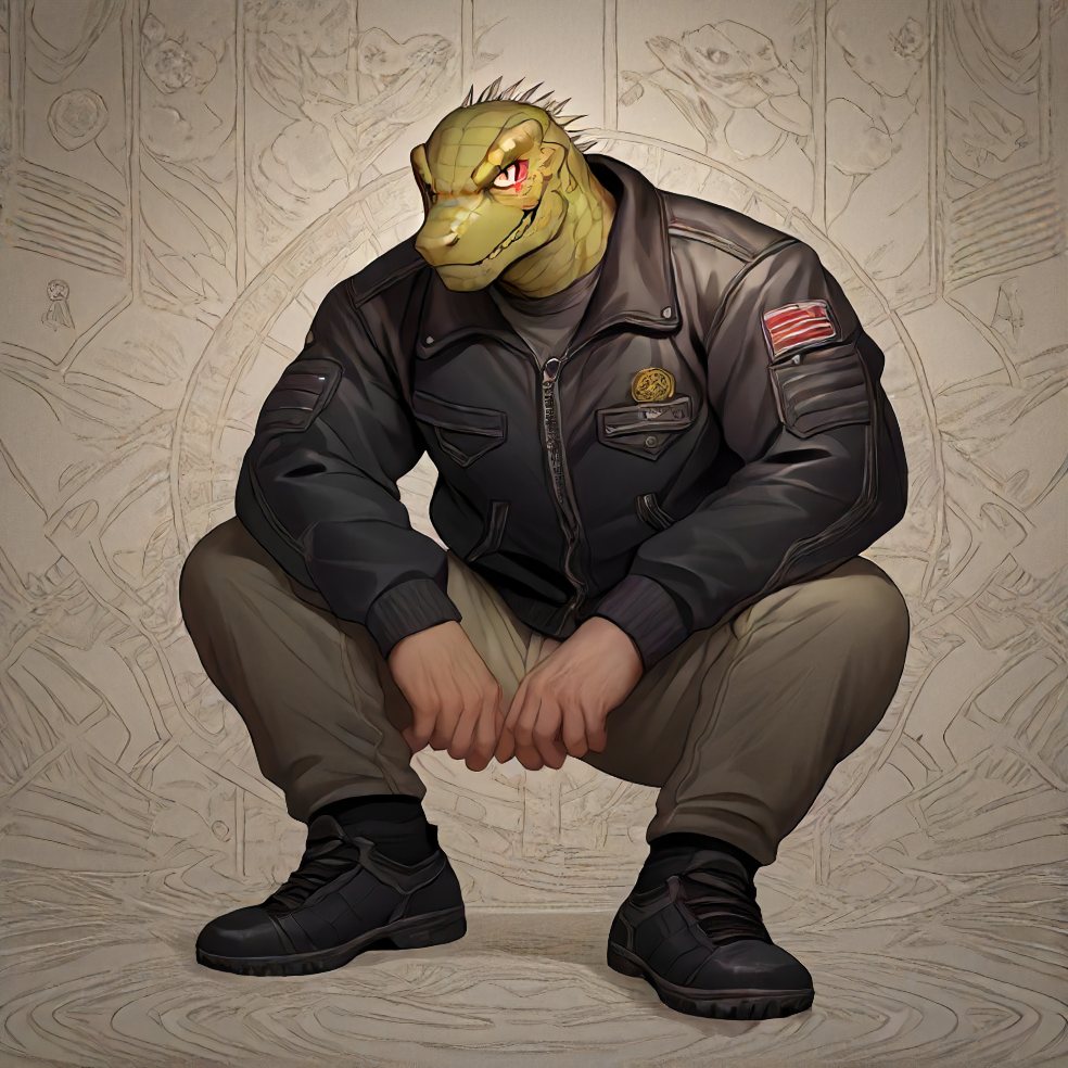 score_8_up, score_7_up, score_6_up, detailed background, source_furry, random position, random angle, 1boy, solo, bara,  full body,   <lora:Kaiman-000009:0.9> kaiman, lizard head, bara, human body, jacket, pants, 1boy, solo,