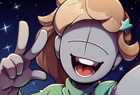 score_9, score_8_up, score_7_up, d3im0s, colored skin, grey skin, facial mark, no eyes, no eyebrows, no nose, 1girl, solo, open mouth, upper teeth only, ponytail, big hair, light brown hair, selfie, v, dynamic pose, green turtleneck, hair ornament, star ornament, space background, starry sky, lens flare, dutch angle, upper body