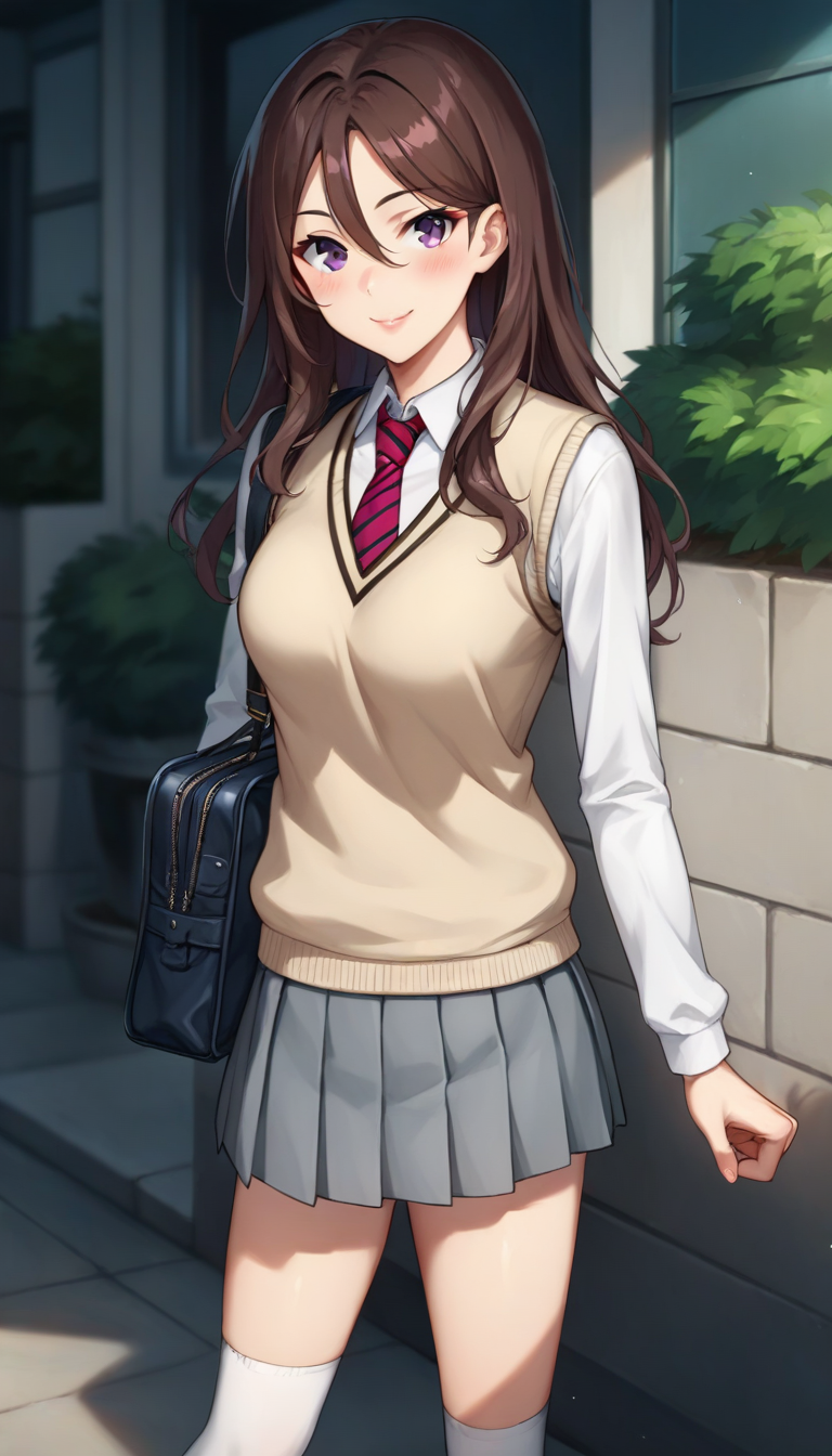 score_9,score_8_up,score_7_up,score_6_up BREAK official art,solo,outdoors,cowboy shot,looking at viewer,facing viewer,smile,blush,Charein Anh,brown hair,long hair,hair between eyes,parted bangs,purple eyes,lips,school uniform,sweater vest,beige vest,red necktie,striped necktie,collared shirt,white shirt,long sleeves,medium breasts,miniskirt,grey skirt,pleated skirt,white socks,loafers,white footwear,<lora:Charein Anh(tb)-Pony>,