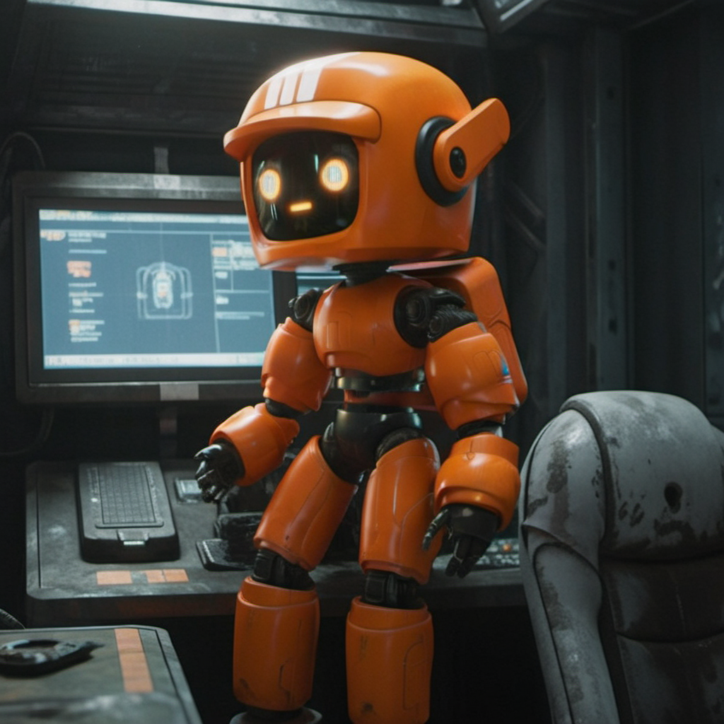 an orange robot, in a spaceship, cyberpunk,  highly detailed,  photography, ultra sharp, film, professional, 64k  <lora:add-detail-xl:1.5> <lora:Orange Robot1024:0.7>