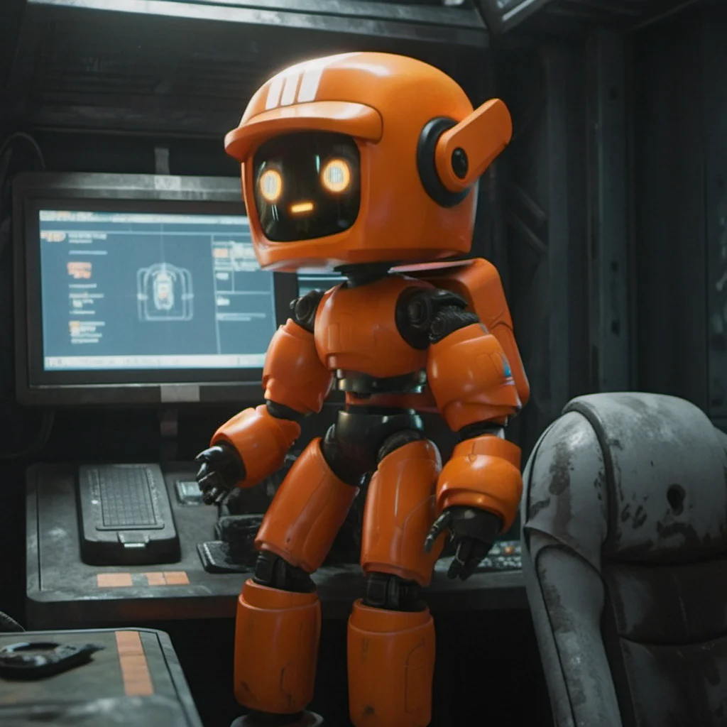 an orange robot, in a spaceship, cyberpunk,  highly detailed,  photography, ultra sharp, film, professional, 64k  <lora:add-detail-xl:1.5> <lora:Orange Robot1024:0.7>