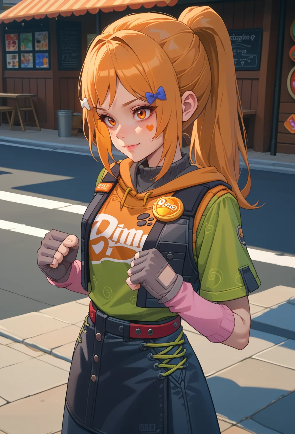 score_9, score_7_up, source_anime, solo, BREAK <lora:AEHeddy:0.85> AEHeddy, orange eyes, orange hair, long hair, ponytail, sidelocks, facial mark, heart facial mark, hair bow, hair tie, hair clip, blue bow, white bow, hoodie, black skirt, black vest, green shirt, short sleeves, black gloves, fingerless gloves, grey gloves, apron, badge, red belt, long skirt, pink socks, black footwear, boots,
full body, smile, clenched hands,