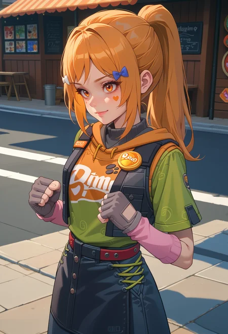 score_9, score_7_up, source_anime, solo, BREAK <lora:AEHeddy:0.85> AEHeddy, orange eyes, orange hair, long hair, ponytail, sidelocks, facial mark, heart facial mark, hair bow, hair tie, hair clip, blue bow, white bow, hoodie, black skirt, black vest, green shirt, short sleeves, black gloves, fingerless gloves, grey gloves, apron, badge, red belt, long skirt, pink socks, black footwear, boots,
full body, smile, clenched hands,