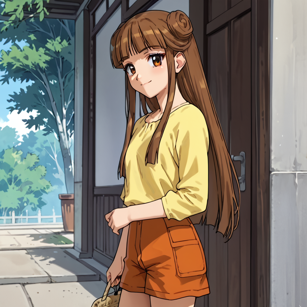 anime colouring, score_9, score_8_up, score_7_up, score_6_up, outdoors,  <lora:Uruka_Sumeragi_ç_ããã_-_Steel_Angel_Kurumi_2_é¼éå¤©ä½¿ããã¿2å¼:1> uruka sumeragi, uruka, 1girl, solo, brown hair, long hair, blunt bangs, side locks, double bun, brown eyes, Outfit-A, Yellow shirt, long sleeves, Shorts, Orange Shorts, Socks, sandals, midshot, smile