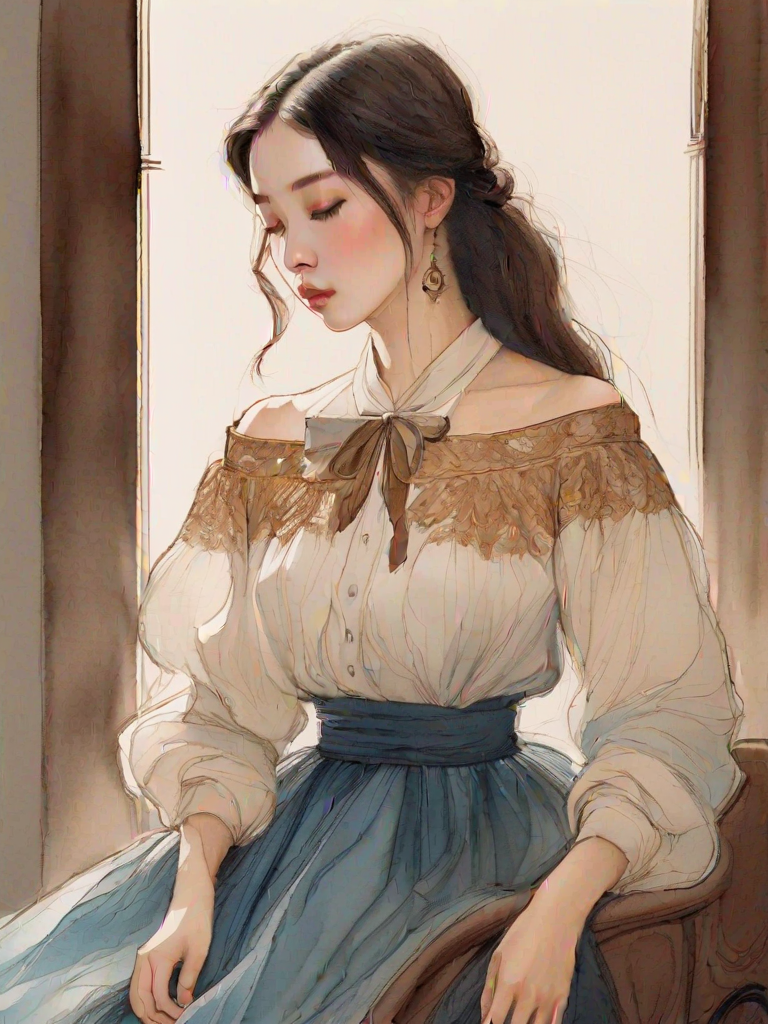 a illustration of a sketch art **** by Jeong Won An.This is a detailed,digital illustration of a young woman with a fair complexion and long,straight,dark brown hair cascading down her back. She has large,expressive eyes with a warm amber hue,and a delicate,almost ethereal appearance. Her left hand is gently covering her face,partially obscuring her eyes,while her right hand is resting on her chest. She is wearing an off-the-shoulder,white blouse with ******* and a large bow at the neck,adding a touch of elegance and sophistication to her attire. The blouse is paired with a high-waisted,patterned skirt in shades of blue,brown,and gold,featuring intricate floral and geometric designs.,
The background is a rich,dark,almost black color,adorned with swirling,abstract patterns in various shades of brown,gold,and blue,which create a sense of depth and movement. The overall style of the illustration is a blend of contemporary digital art with a hint of traditional Japanese aesthetics,characterized by (detailed line work) and soft,gradient shading. The image has a dreamy,almost otherworldly quality,enhanced by the use of soft,pastel colors and the delicate,flowing nature of the woman's attire.concept,pencil and (watercolors),(de-saturated colors),jewoan,
