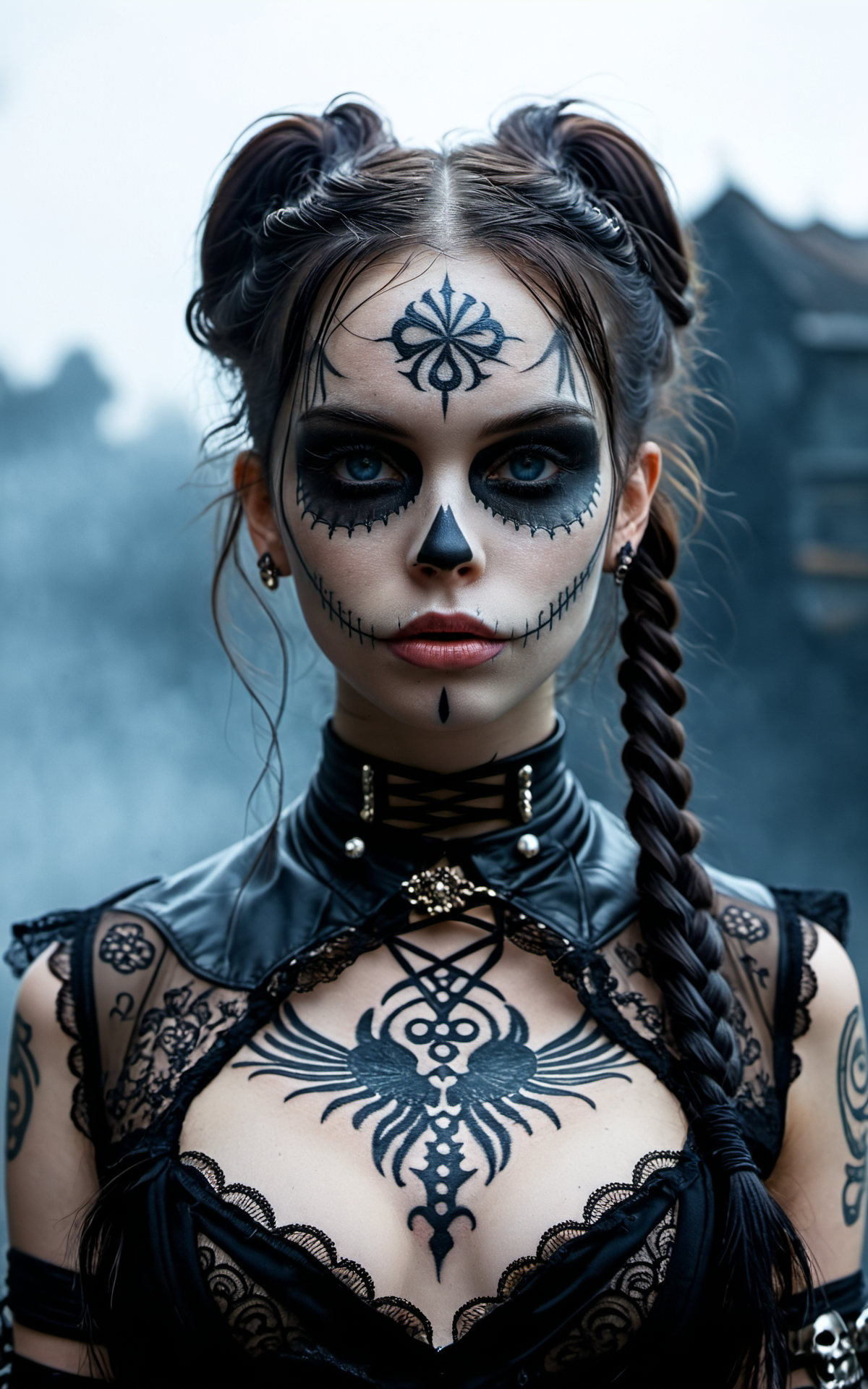 cinematic photo <lora:MJ52:0.2>,detailed,
<lora:add-detail-xl:2>,
<lora:Cosine_freck:0.1>,
<lora:Cinematic Hollywood Film:0.1>,
<lora:RMSDXL_Creative:0.2>,
<lora:RMSDXL_Darkness_Cinema:0.1>,
<lora:WildcardX-XL-Detail-Enhancer:0.5>,1 girl,solo,(pale skin:1.3),face tattoos,tattoos,body tattoos,demonic symbols,dusty background,fog,Black background,pigtails,skull girl,day of the dead,Ultra-HD-details,true to life,HDR image,High detail resolution,soft eyes,natural skin,high detailed face,high detailed cloth,film photography,vintage,cinematic lighting,realistic,sharp focus,(very detailed),((4K HQ)),depth of field,f/1.2,Leica,8K HDR,High contrast,shadows,bokeh,(detailed and realistic skin texture),(detailed clothing),(detailed background),detailed skin,(highly detailed skin),(8K HDR photo),realistic texture,realistic shadows,accurate to life,living image,lifelike,Ultra-HD-details,vivid contrast,vivid colors, . 35mm photograph, film, bokeh, professional, 4k, highly detailed