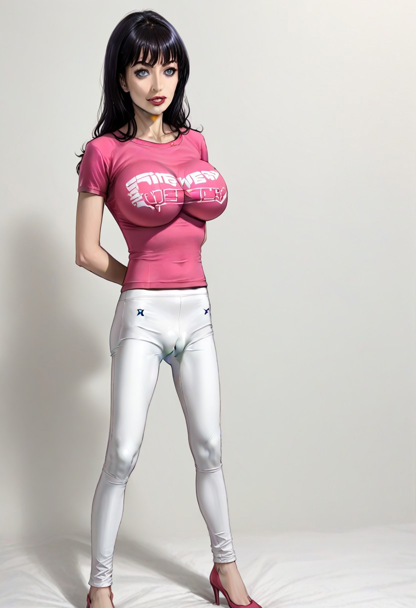 (( long legs full body fake tits cameltoe queen large breasts tight shiny pink t-shirt  )) Large breasts, blue eyes, black hair, large breasts tight shiny pink t-shirt , and tight silver pants, (looking at camera), 8k, 16k, masterpiece, huge breasts, 
monsxl