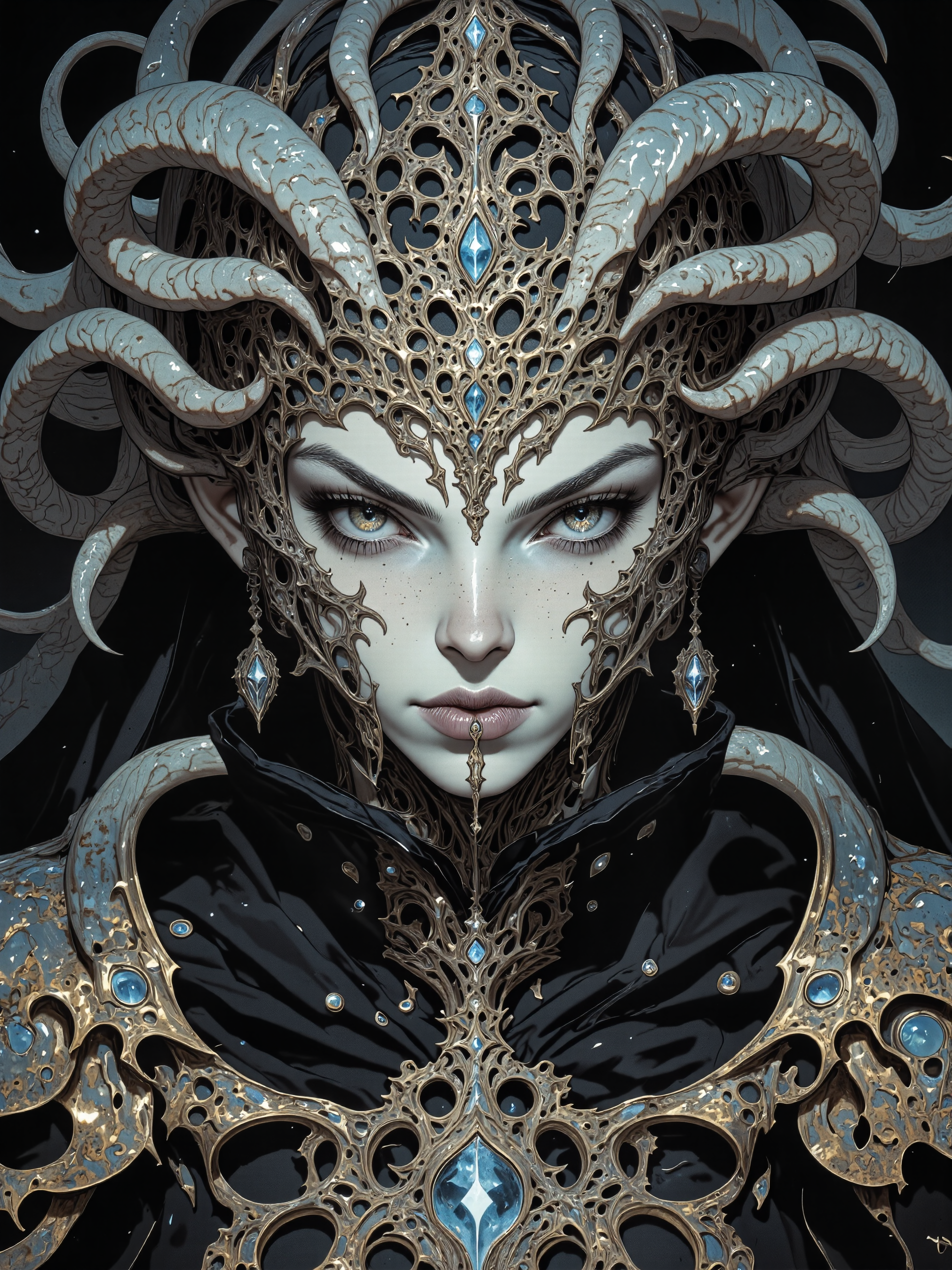 famous masterwork portrait painting of a beautiful woman, highly aesthetic, stunning, hyper-realistic, photo-realistic, ultra detailed, high resolution, uhd, 8k, 4k, epic, dramatic, accurate, symmetrical composition, at night, dim lighting, as our crowns begin to rust, karmic debt that burns to dust, incinerate our beings as you must, when will you come? where will we be? when will you come for me? as saturn's coming down, mutated forms, writhing appendages, black knight, a thousand eyes, hazy night, cold light, forgotten prophecy, eye of the mind, color gradients, lovecraftian, cthulhu mythos, ovg, in the style of ckpf, amanoer,  <lora:style-painterly_fantasy-flux-by_chronoknight:0.76> <lora:style-retro_anime-flux-by_lizardman245:0.44> <lora:style-yoshitaka_amano-elden_ring-flux-by_alicient:0.68>