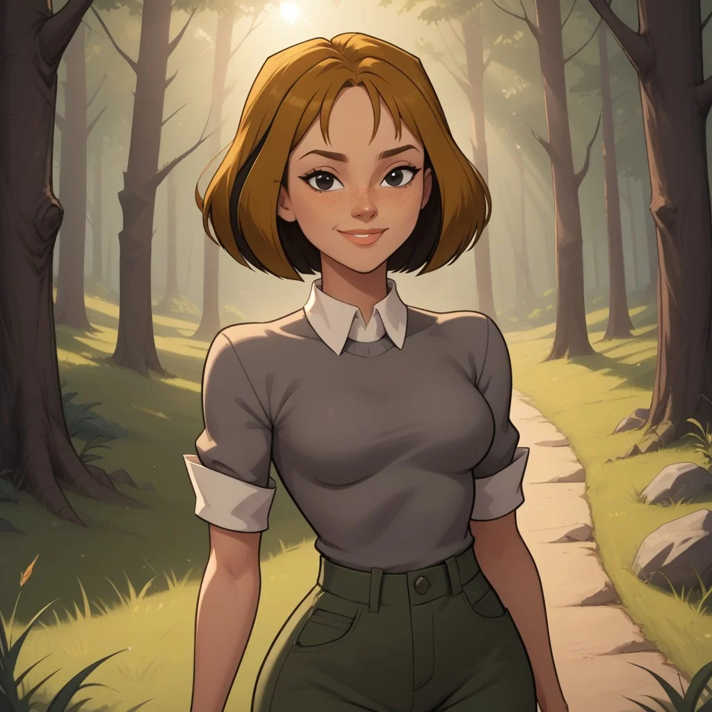 score_9, score_8, BREAK, solo, brown hair, black eyes, lips, collared shirt, grey sweater, short sleeves, green pants, dark skin, freckles, breasts, Total Drama, Courtney_(Total_Drama), sexy pose, smile, outdoors, sunlight, shadows, evening lighting, natural lighting, forest, trees, grass, orange sky, sunset