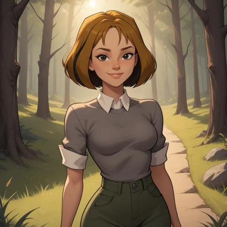 score_9, score_8, BREAK, solo, brown hair, black eyes, lips, collared shirt, grey sweater, short sleeves, green pants, dark skin, freckles, breasts, Total Drama, Courtney_(Total_Drama), sexy pose, smile, outdoors, sunlight, shadows, evening lighting, natural lighting, forest, trees, grass, orange sky, sunset