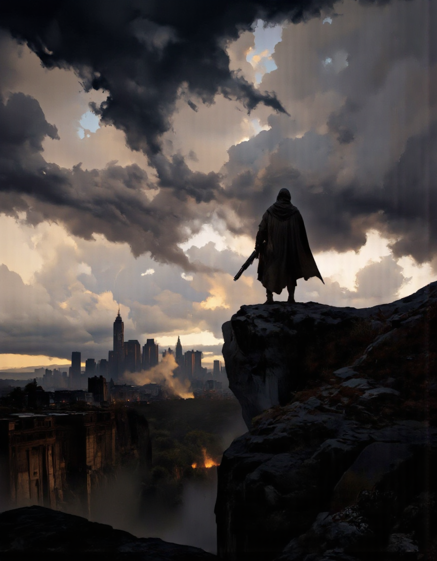 Art by Piotr JabÅoÅski. A dramatic digital illustration shoot from the side about a lone figure in a hooded cloak stands on a rocky ledge, holding a rifle, facing a distant cityscape with a stormy sky and dramatic clouds. the image also shows dramatic lighting effects. on the middle of the image, a man, who appears to be in his mid-twenties, stands with his full body visible, wearing a dark cloak and holding a large rifle. he is facing away from the viewer, with a determined expression on his face. the man is standing on the edge of a cliff, with his back to the viewer. in the background, a cityscape is visible, with tall buildings and a cloudy sky, illuminated by dramatic light beams. the overall mood is dark and moody, with dramatic clouds and a sense of foreboding.