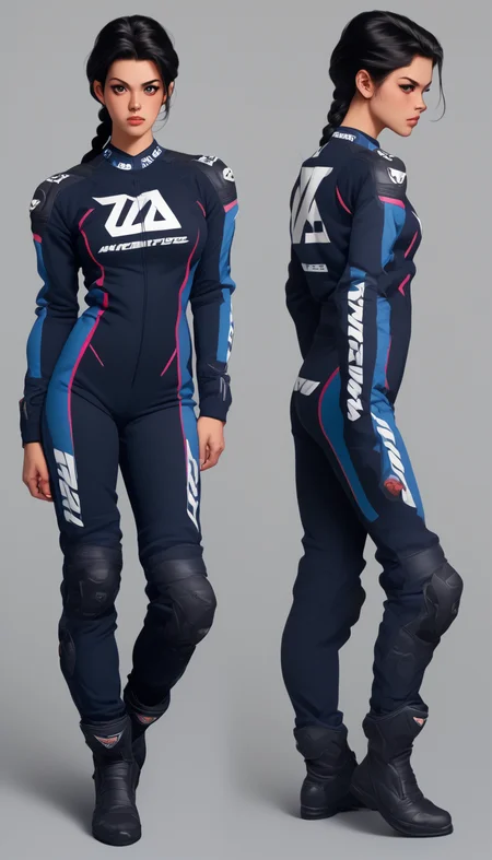 score_9, score_8_up, score_7_up, illustrationl, 1 girl , braid, black hair, female focus,motor bike racing suit, motor bike suit, racing suit, full body, dynamic poses, <lora:Motorcycle Racing Suit_epoch_9:0.8>, multiple views, <lora:ComicsPonyXL_V2:0.8> Comistyle