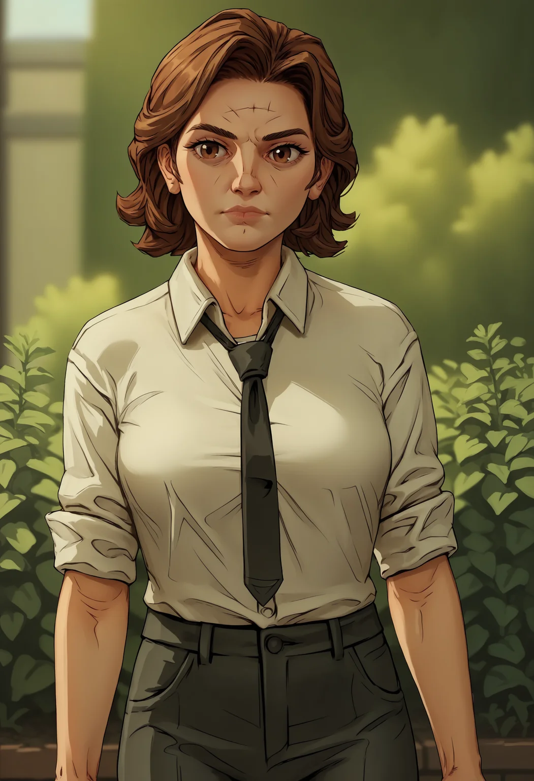 score_9, score_8_up, score_7_up, score_6_up, score_5_up, score_4_up, 1girl, <lora:BigbyWolf:0.85> solo, breasts, brown hair, brown eyes, shirt, pants, black necktie, collared shirt, upper body, 
(garden background), blurry background,