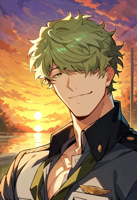 score_9_up, score_8_up, score_7_up, best quality, amazing quality, best aesthetic, 1boy, solo, muscular male, large pectorals, KeithMax, green hair, green eyes, hair over one eye, police uniform, dark green tie. outside, sunset, smile, closed mouth,