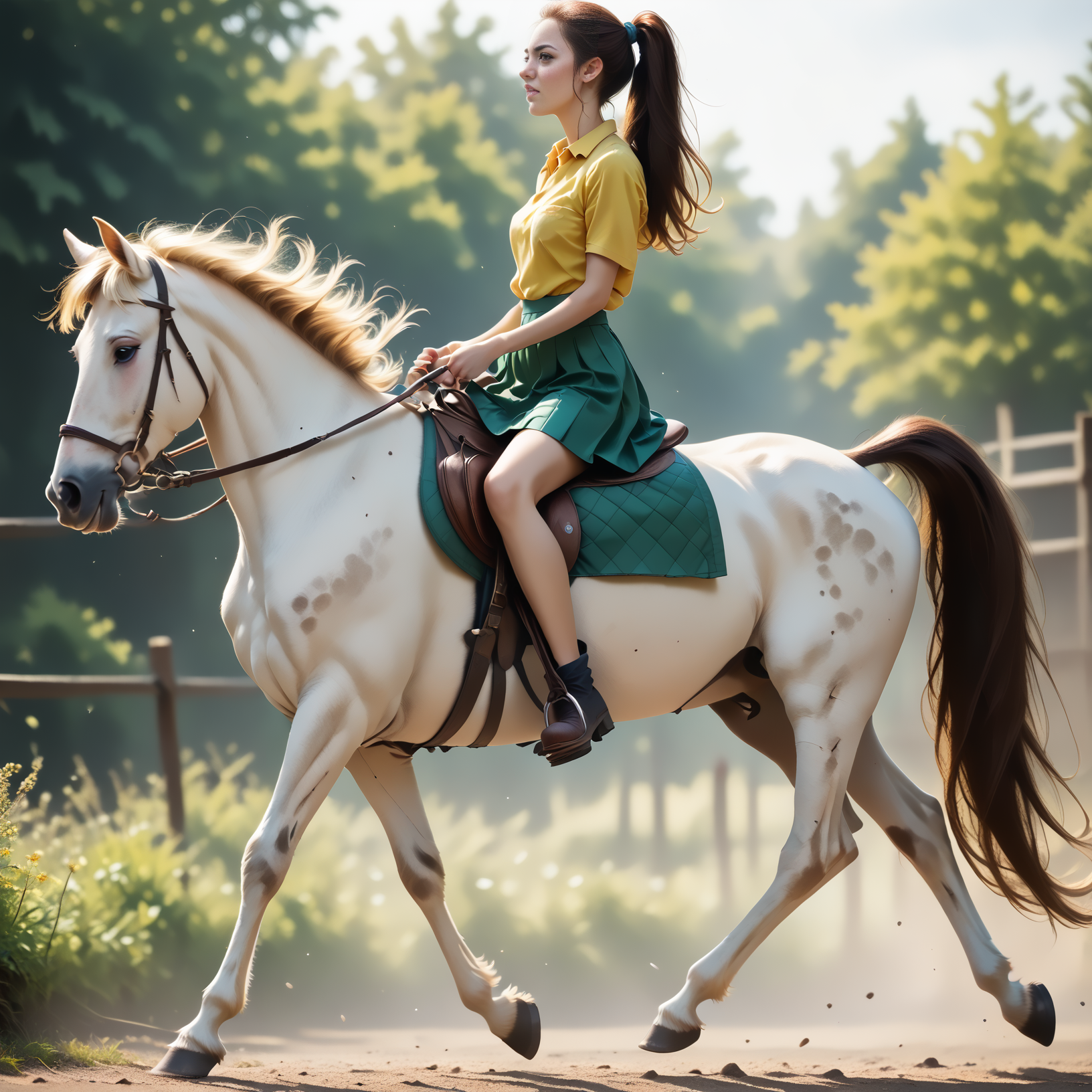 score_9, score_8_up, score_7_up, BREAK, RiHorse, side_view++ (slim 25yo female) riding a galloping horse. The female wears green short skirt and yellow shirt. The female has long brunette ponytail    <lora:RideHorsePony:.8>