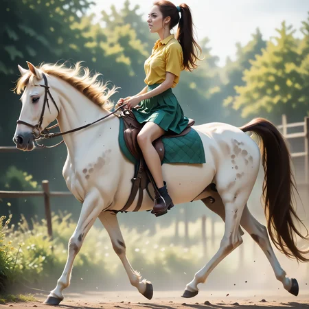 score_9, score_8_up, score_7_up, BREAK, RiHorse, side_view++ (slim 25yo female) riding a galloping horse. The female wears green short skirt and yellow shirt. The female has long brunette ponytail <lora:RideHorsePony:.8>