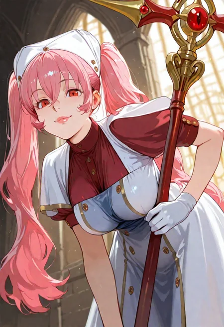 G0thicL1nes masterpiece, best quality, amazing quality, good quality,
heith velvet, long hair, pink hair, twintails, hair between eyes, red eyes, kind eyes, soft lips, luscious lips, lip gloss, gently smile, medium breasts, puffy sleeves, short sleeves, white gloves, 1girl, holding staff, looking at viewer, large breasts, dress, hat, indoor, temple,