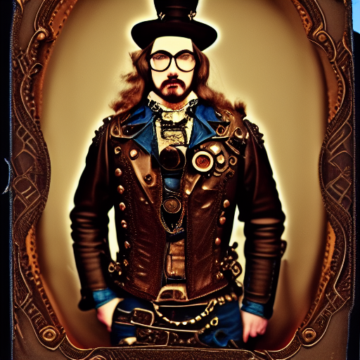 Colorized Daguerreotype photograph of a steampunk stoner metal fan, bohemian, ornate leather jacket, denim, gun belt, lace, frilled henley, high collar, flash used in a dark room