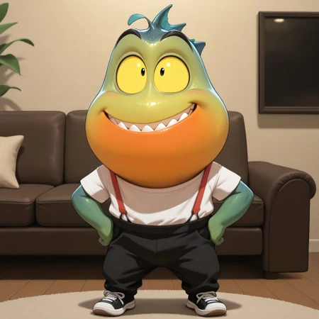 masterpiece, best quality, amazing quality, mrp1r4nha,  male, furry male, anthro, solo, fish, green skin, orange skin, two-tone skin, yellow sclera, black eyes, sharp teeth, fang, fins, short, white shirt, red suspenders, black pants, black sneakers, standing, hands on hips, smile, indoors, living room